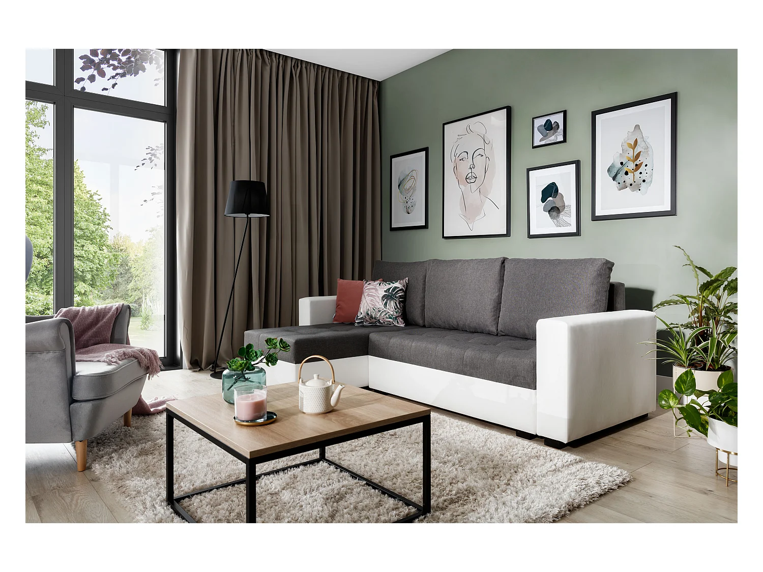 Converteerbare en omkeerbare hoekbank donkergrijze stof en wit kunstleer Zelly 237 cm