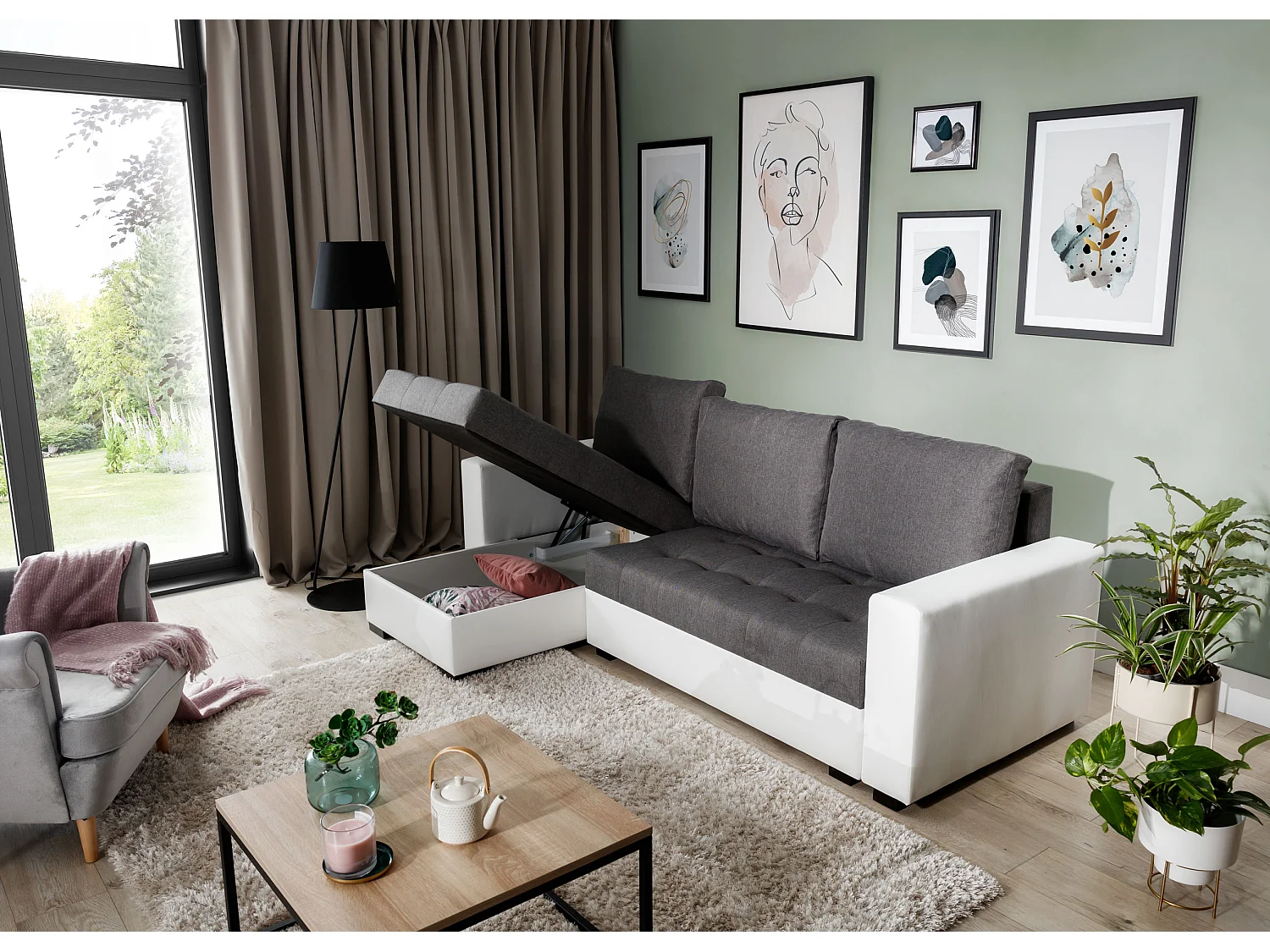 Converteerbare en omkeerbare hoekbank donkergrijze stof en wit kunstleer Zelly 237 cm