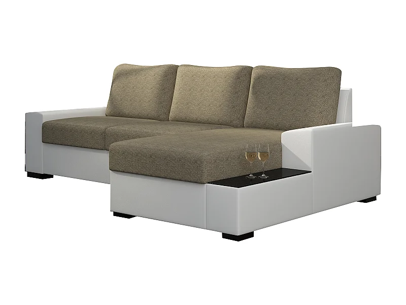 Canapé angle droit convertible tissu beige clair chiné et simili blanc James 245cm