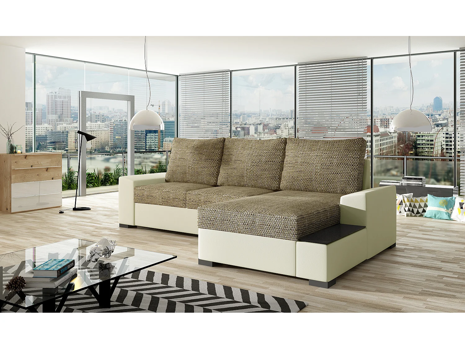 Canapé angle droit convertible tissu beige clair chiné et simili blanc James 245cm