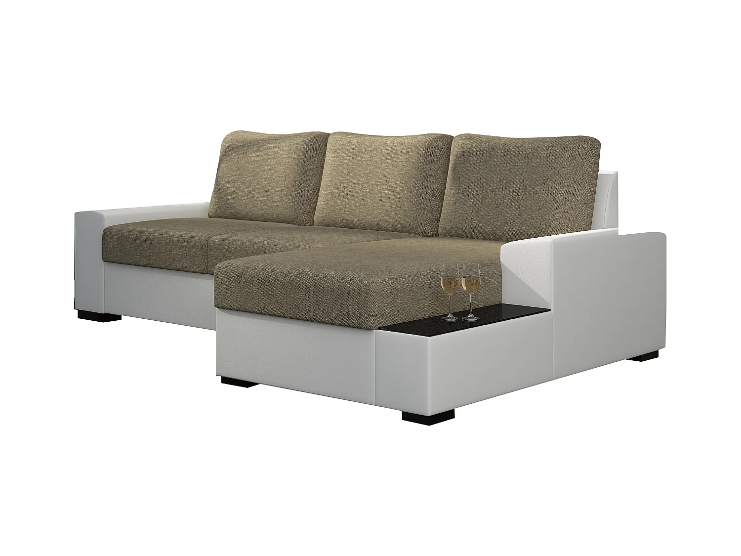 Canapé angle droit convertible tissu beige clair chiné et simili blanc James 245cm