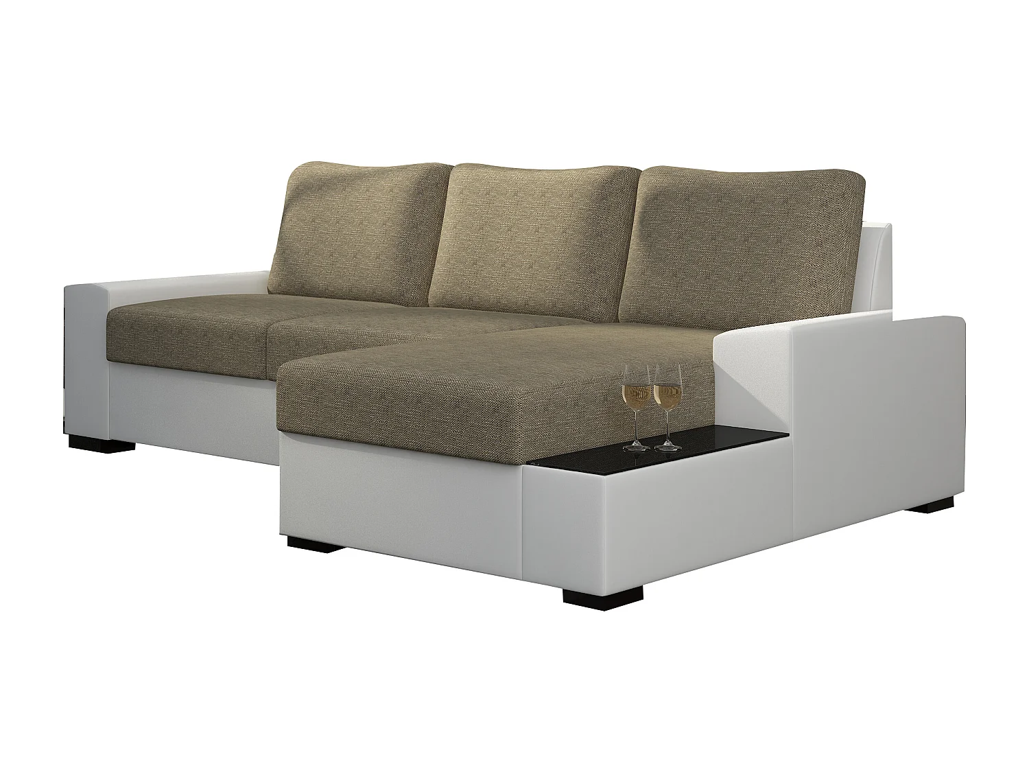 Canapé angle droit convertible tissu beige clair chiné et simili blanc James 245cm