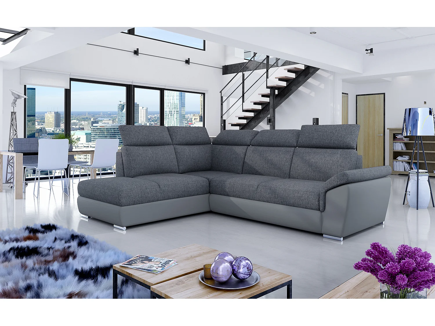 Canapé angle gauche convertible tissu et simili gris avec appuis-tête réglables Kepita 260cm