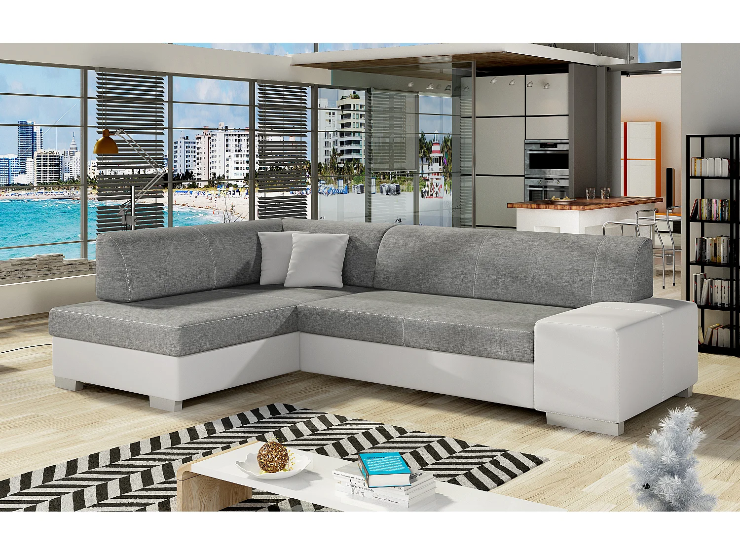 Canapé convertible angle gauche simili cuir blanc et tissu gris Polky 272cm