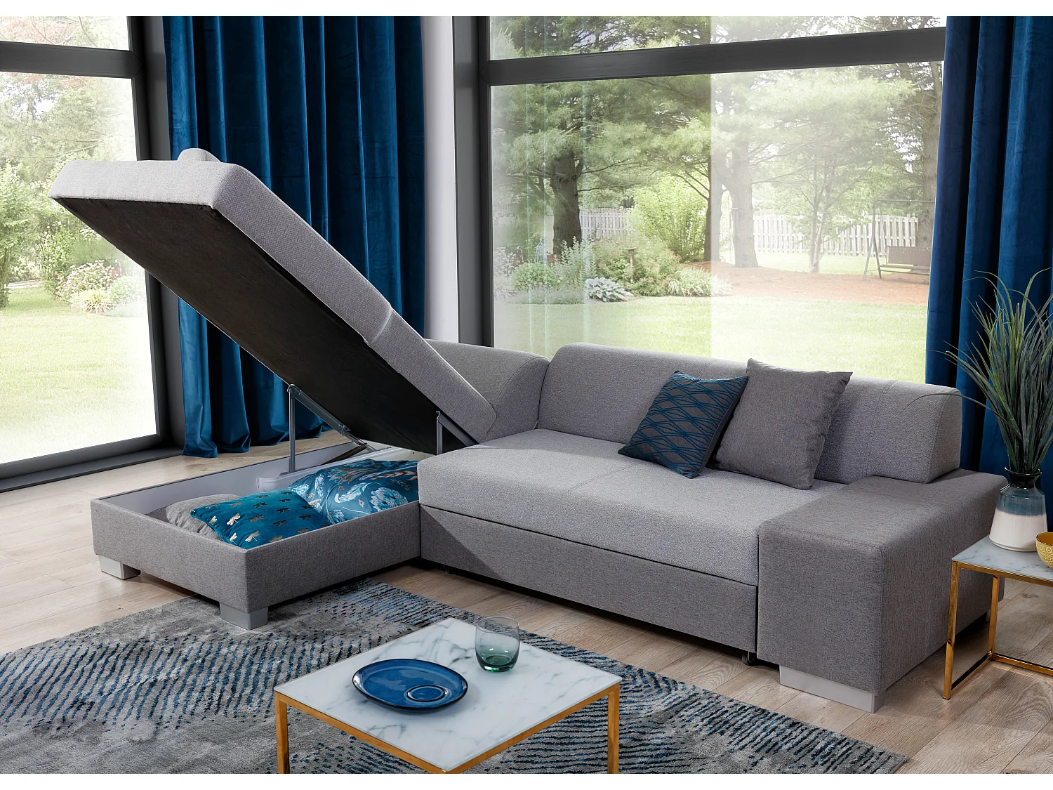 Canapé convertible angle gauche simili cuir blanc et tissu gris Polky 272cm