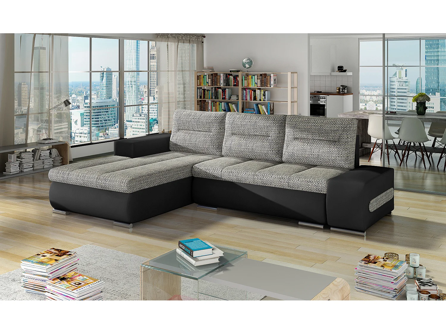 Canapé convertible angle gauche tissu gris chiné et simili noir Waker 275cm