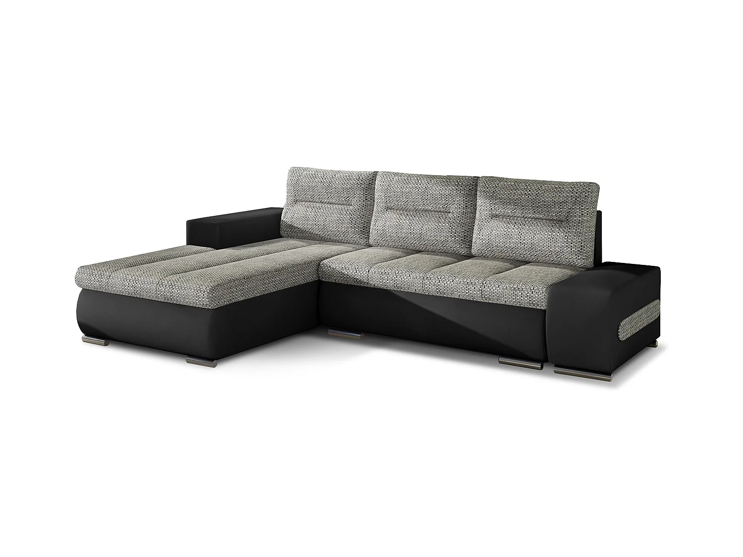 Canapé convertible angle gauche tissu gris chiné et simili noir Waker 275cm