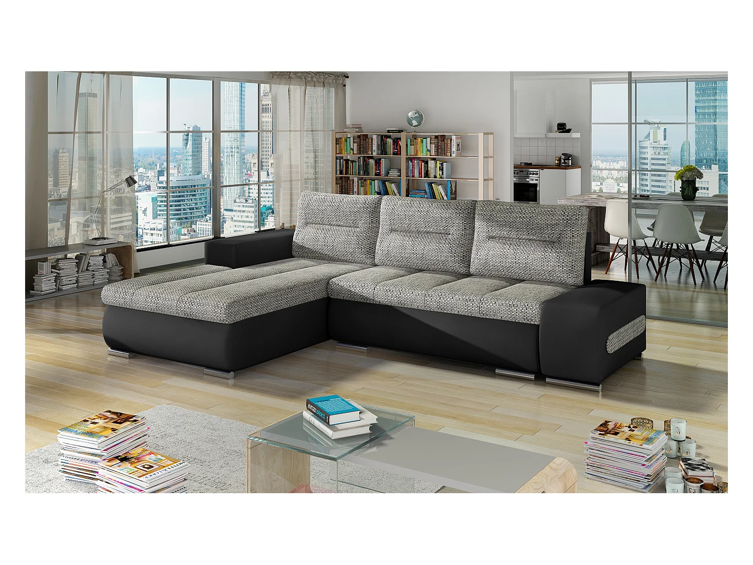 Canapé convertible angle gauche tissu gris chiné et simili noir Waker 275cm