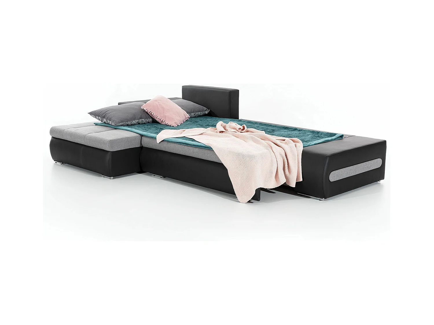 Canapé convertible angle gauche tissu gris chiné et simili noir Waker 275cm