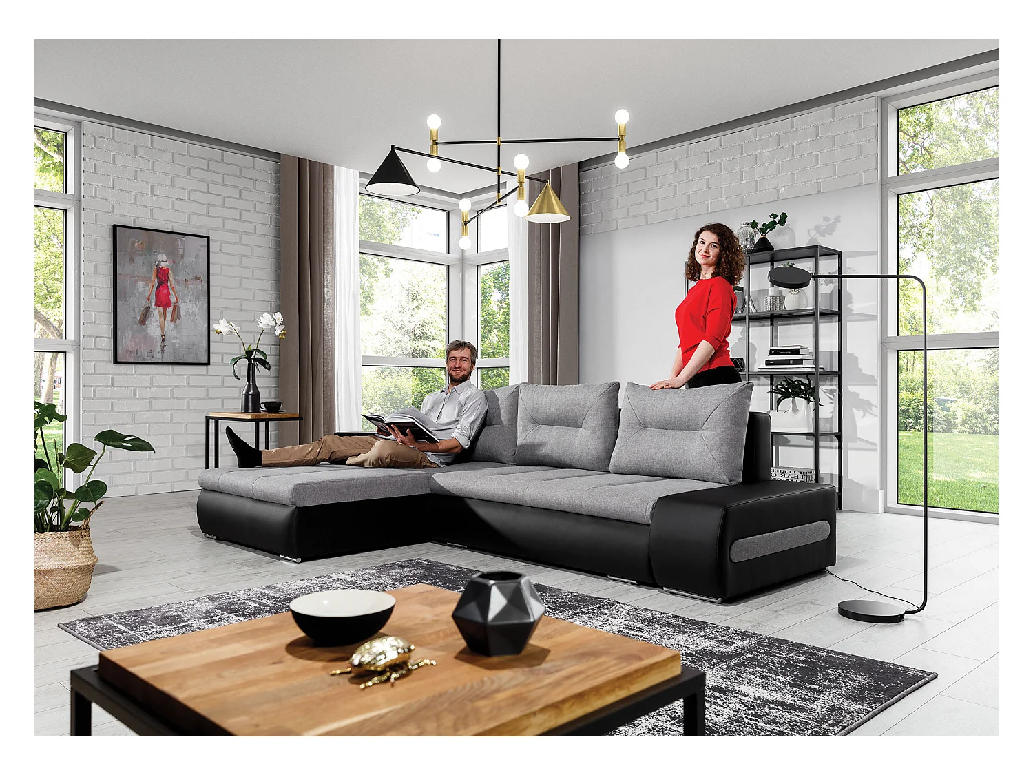 Canapé convertible angle gauche tissu gris chiné et simili noir Waker 275cm