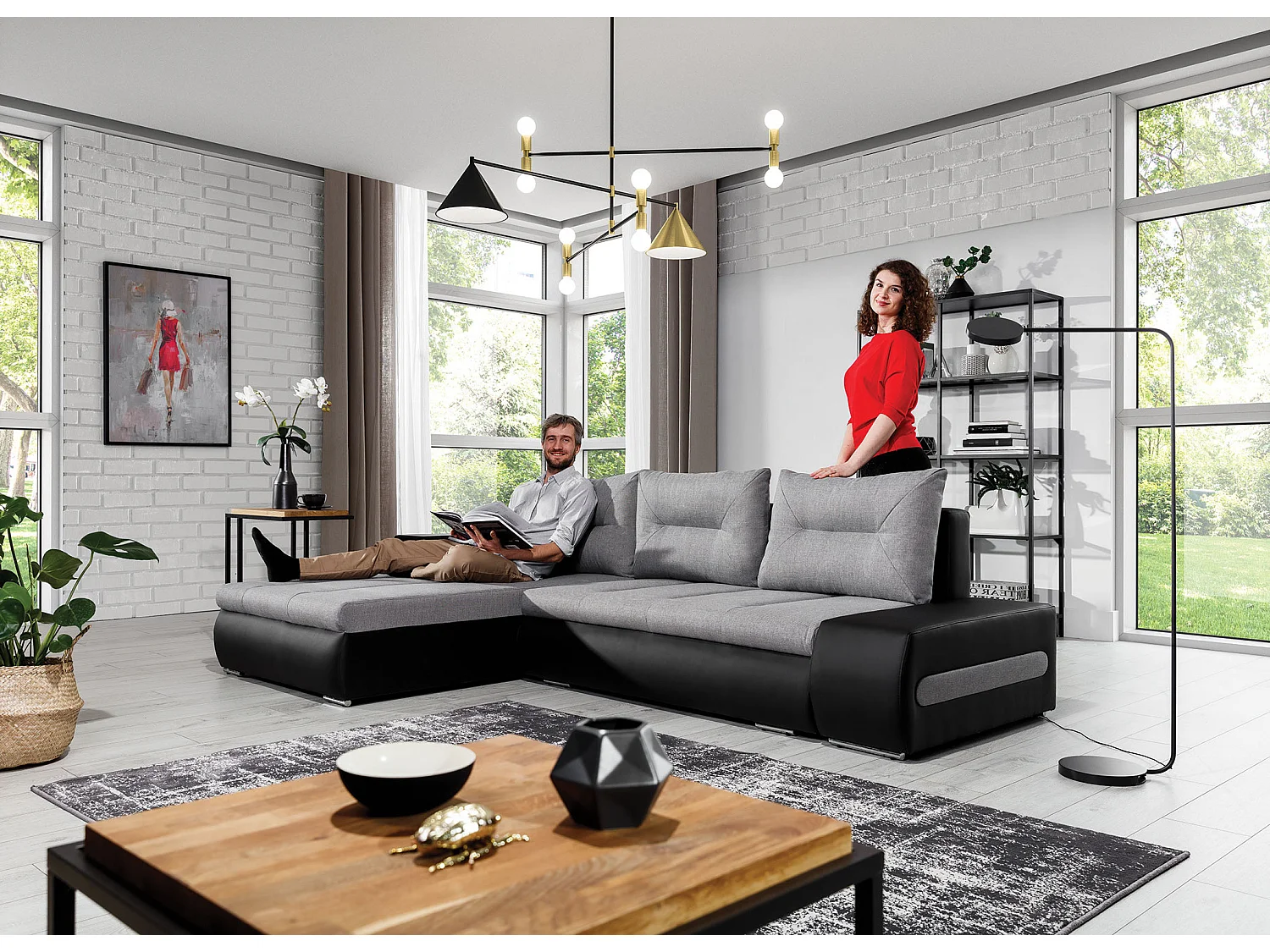 Canapé convertible angle gauche tissu gris chiné et simili noir Waker 275cm