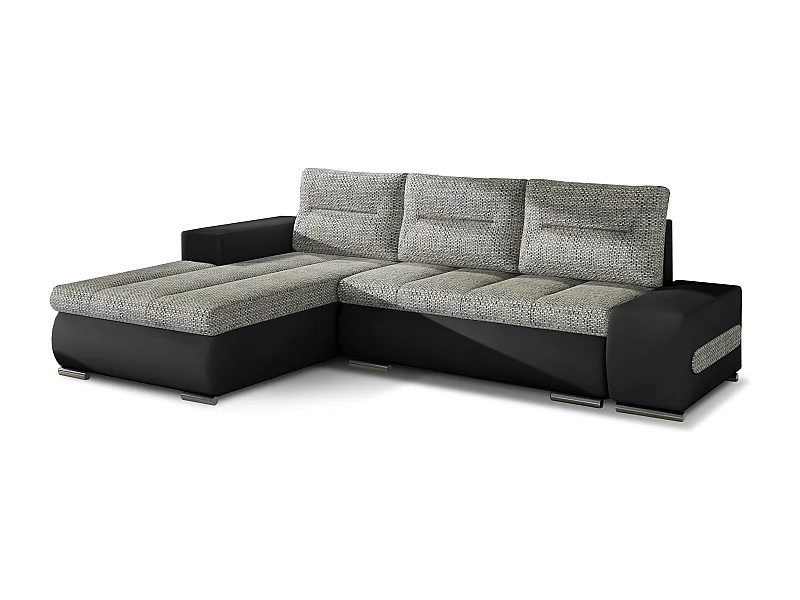 Canapé convertible angle gauche tissu gris chiné et simili noir Waker 275cm