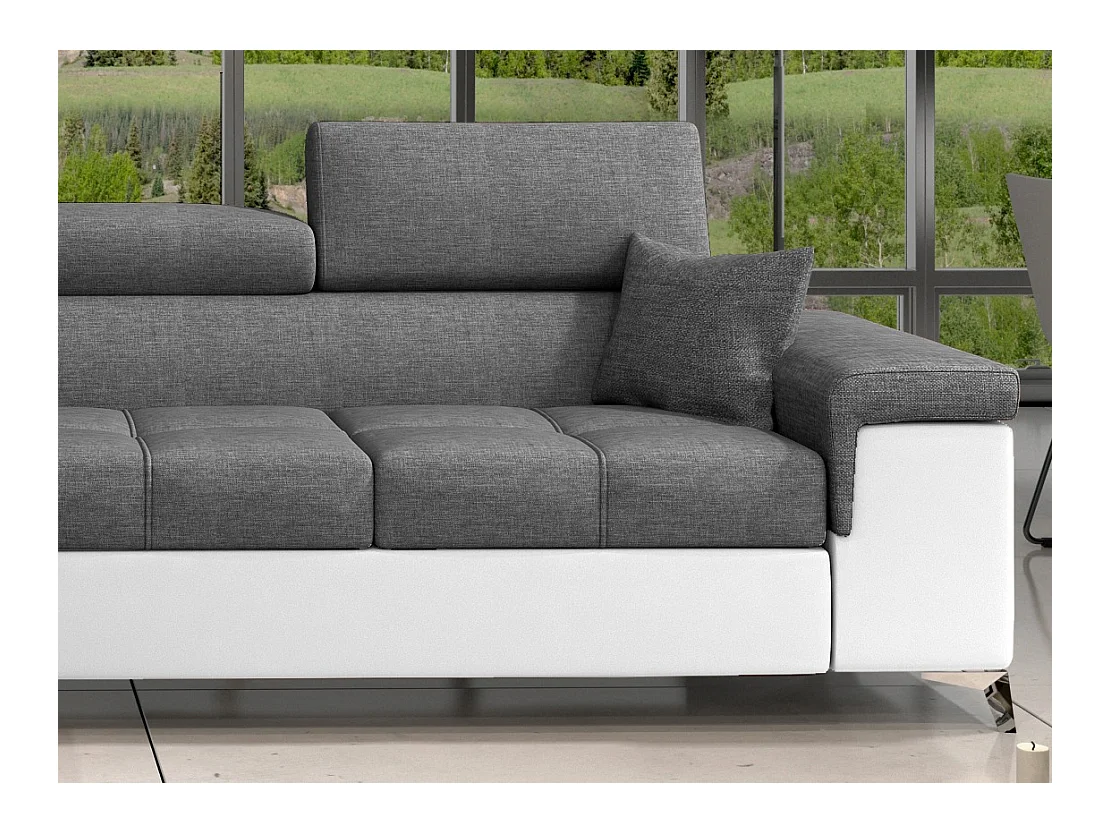 Canapé angle gauche convertible tissu gris foncé et simili blanc avec appuis-tête réglables Rikaro 280cm