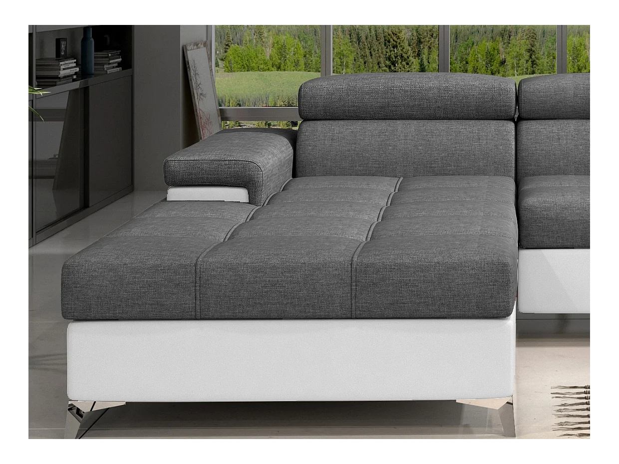Canapé angle gauche convertible tissu gris foncé et simili blanc avec appuis-tête réglables Rikaro 280cm
