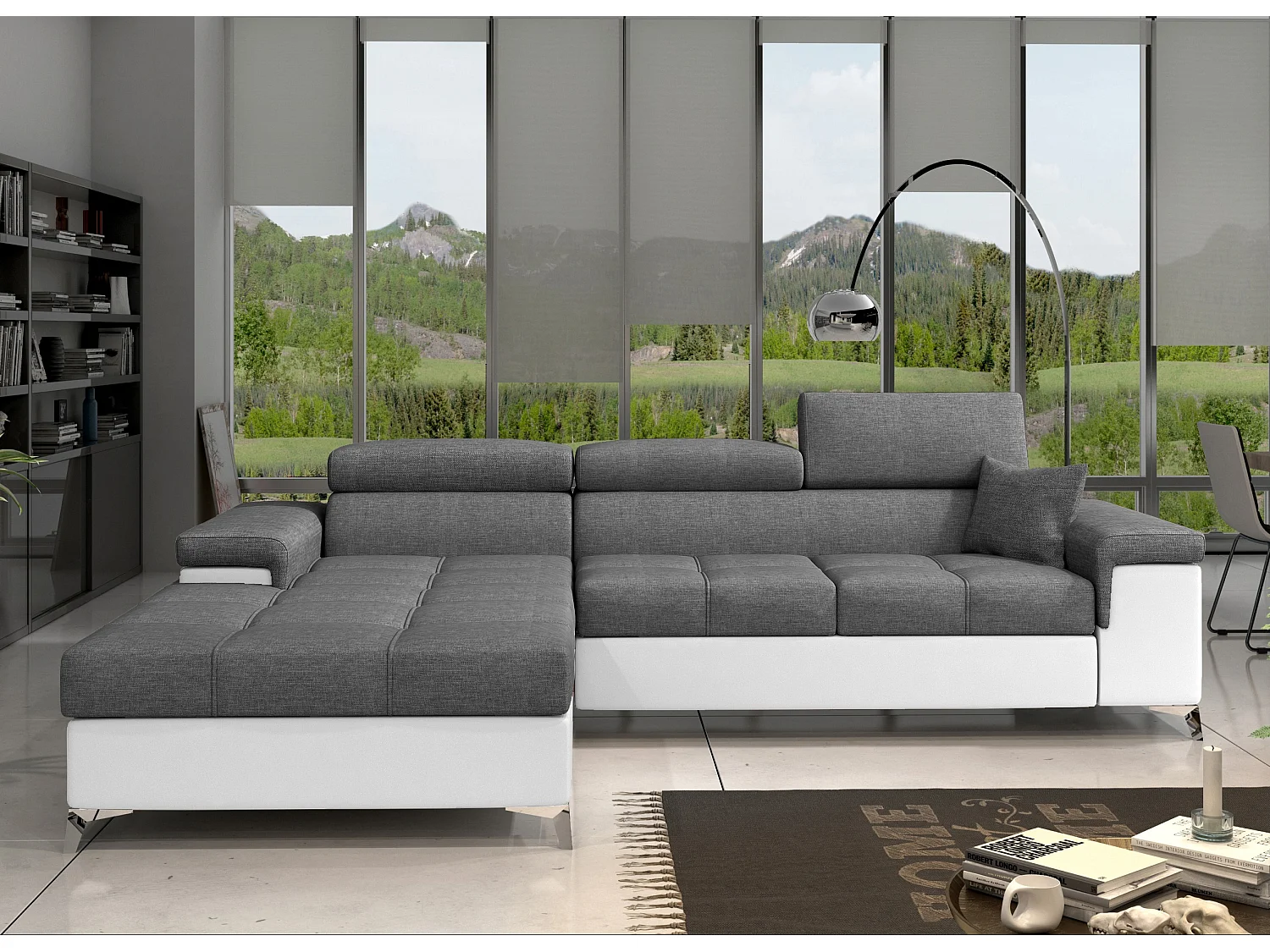 Canapé angle gauche convertible tissu gris foncé et simili blanc avec appuis-tête réglables Rikaro 280cm