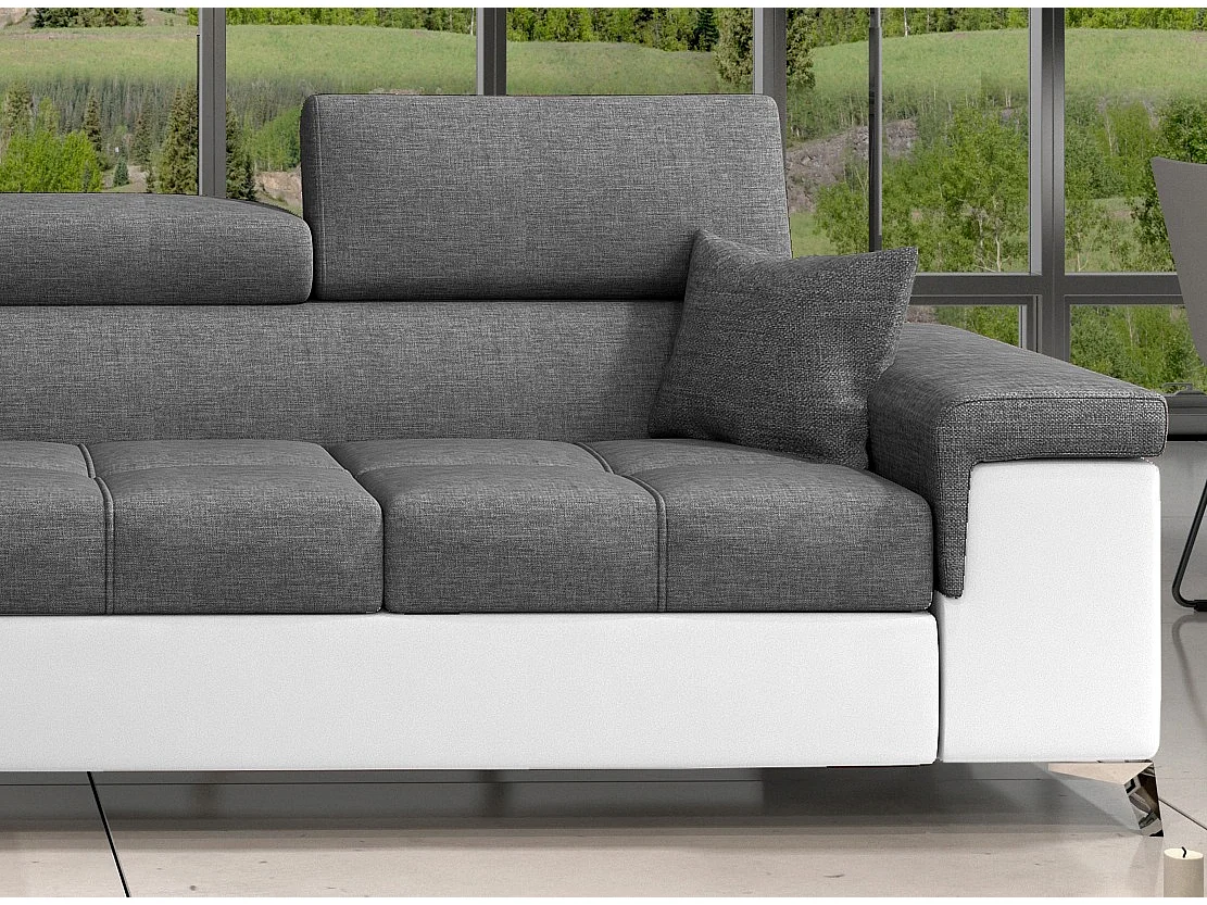 Canapé angle gauche convertible tissu gris foncé et simili blanc avec appuis-tête réglables Rikaro 280cm