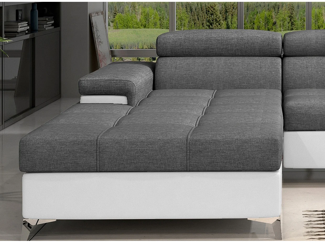 Canapé angle gauche convertible tissu gris foncé et simili blanc avec appuis-tête réglables Rikaro 280cm