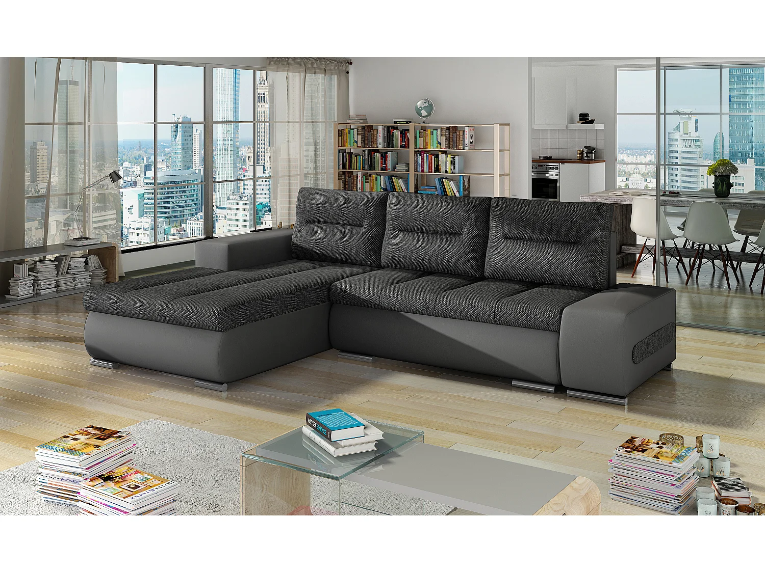 Canapé convertible angle gauche tissu gris foncé chiné et simili gris Waker 275cm