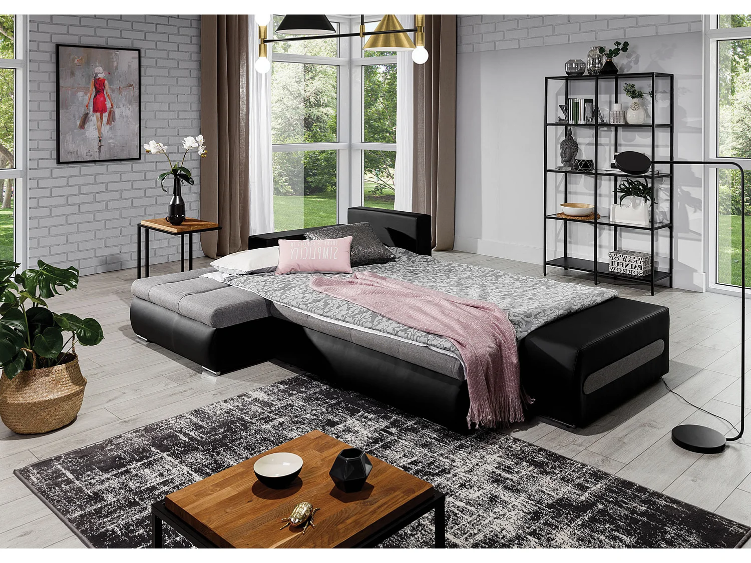 Canapé convertible angle gauche tissu gris foncé chiné et simili gris Waker 275cm