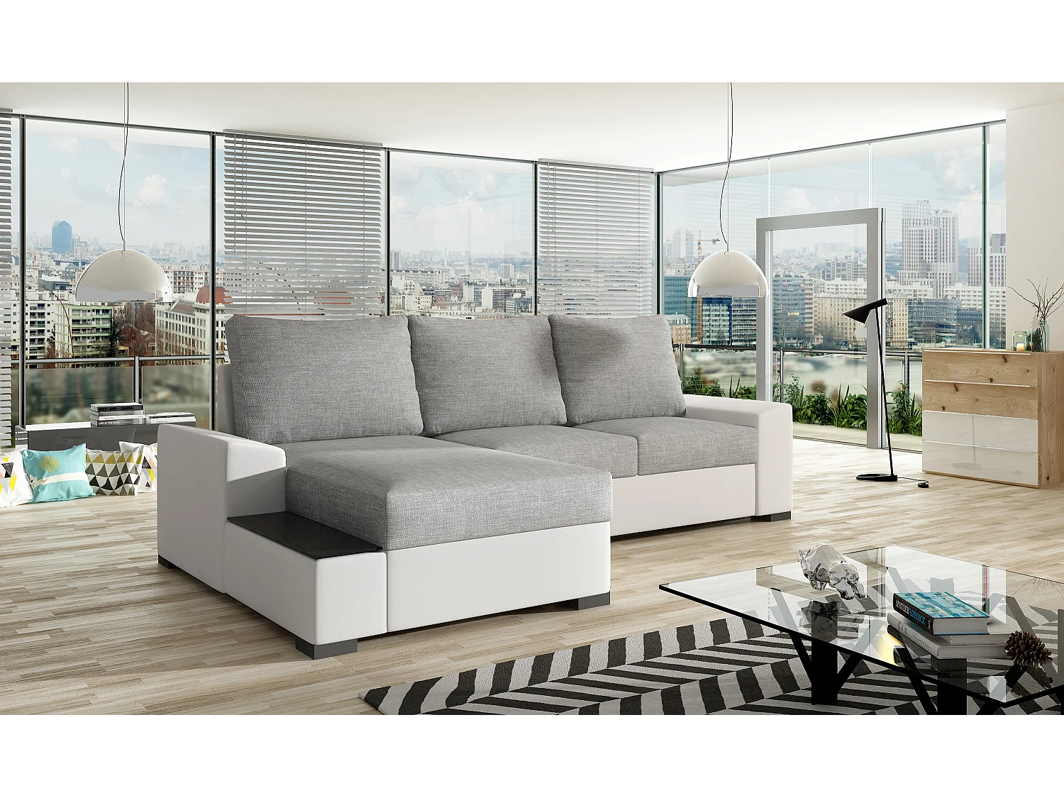 Canapé angle gauche convertible tissu gris clair et simili blanc James 245cm