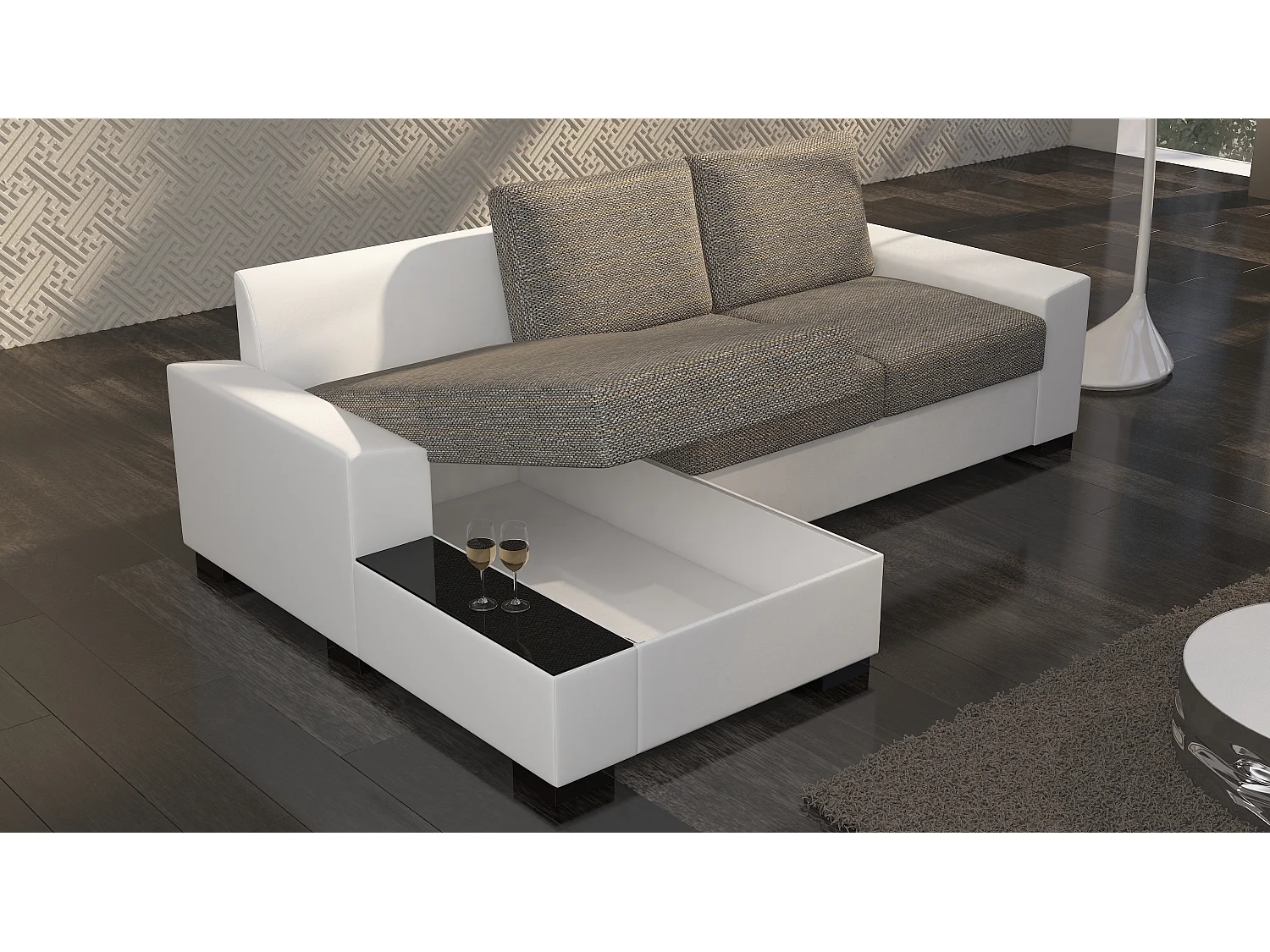 Canapé angle gauche convertible tissu gris clair et simili blanc James 245cm