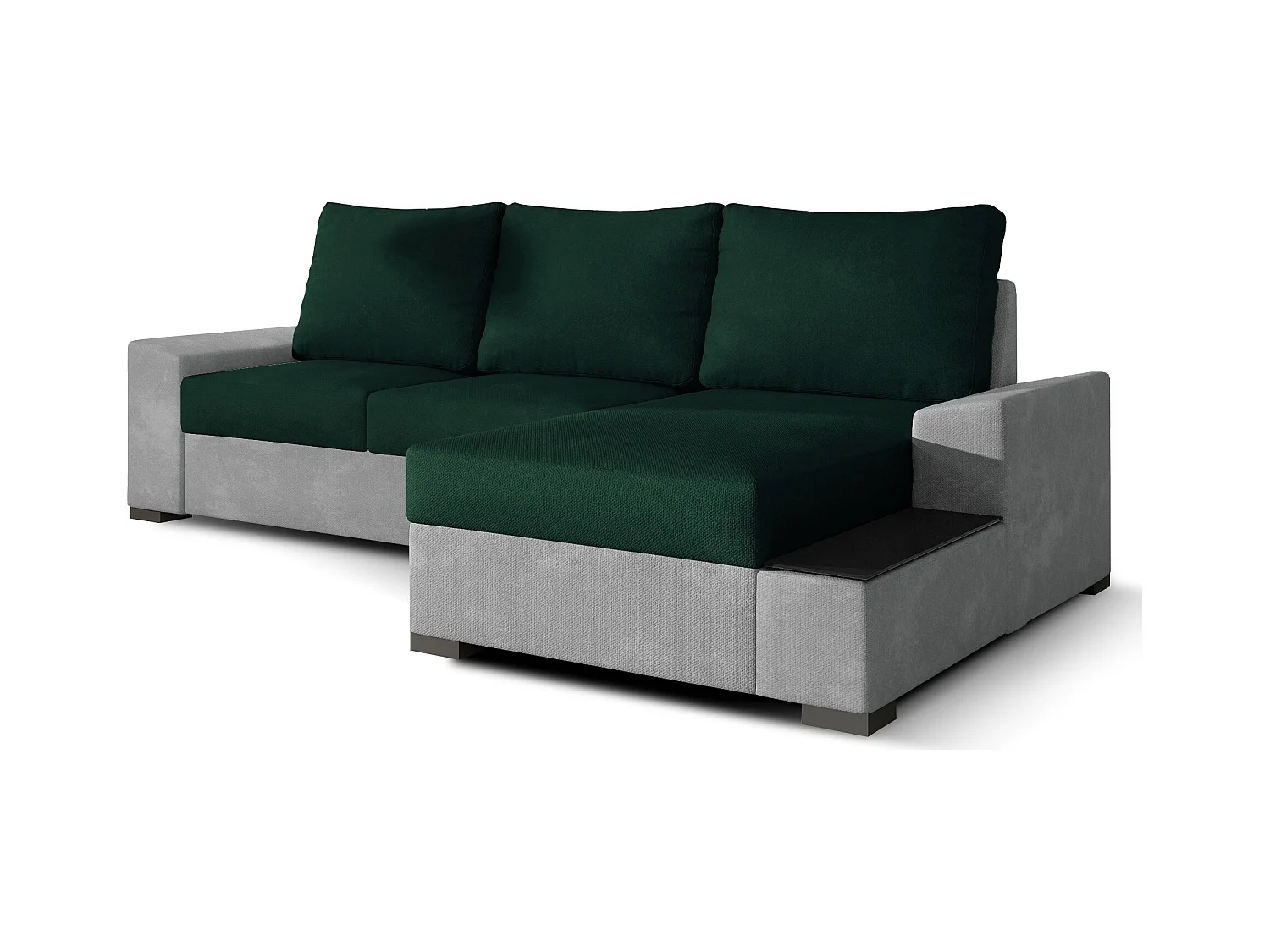 Canapé angle droit convertible tissu doux gris clair et vert foncé James 245cm