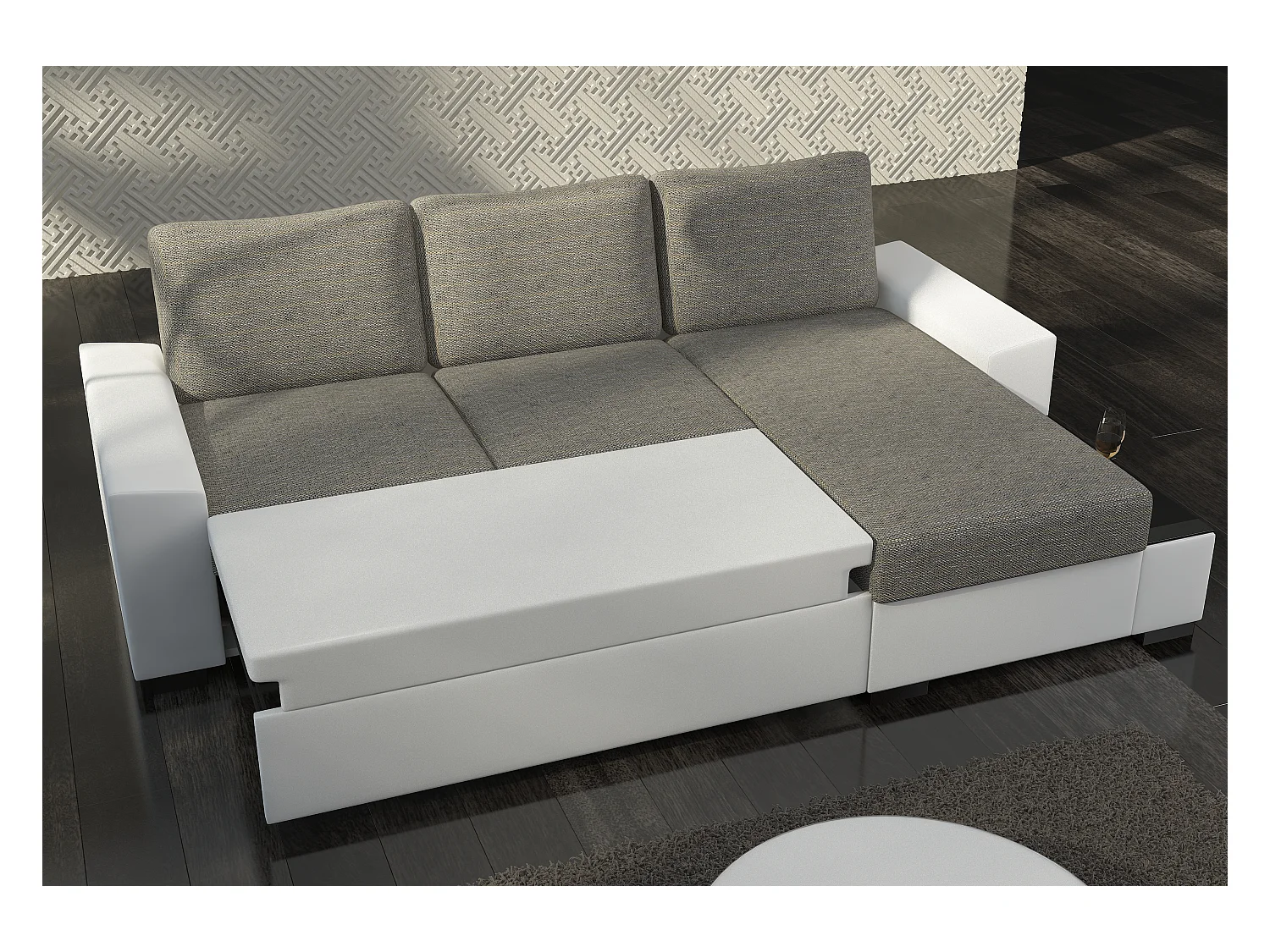 Canapé angle droit convertible tissu doux gris clair et vert foncé James 245cm