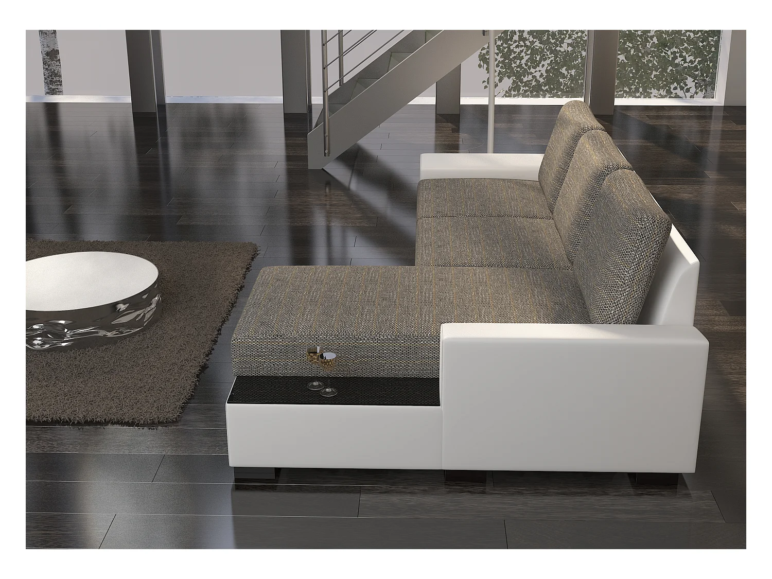 Canapé angle droit convertible tissu doux gris clair et vert foncé James 245cm