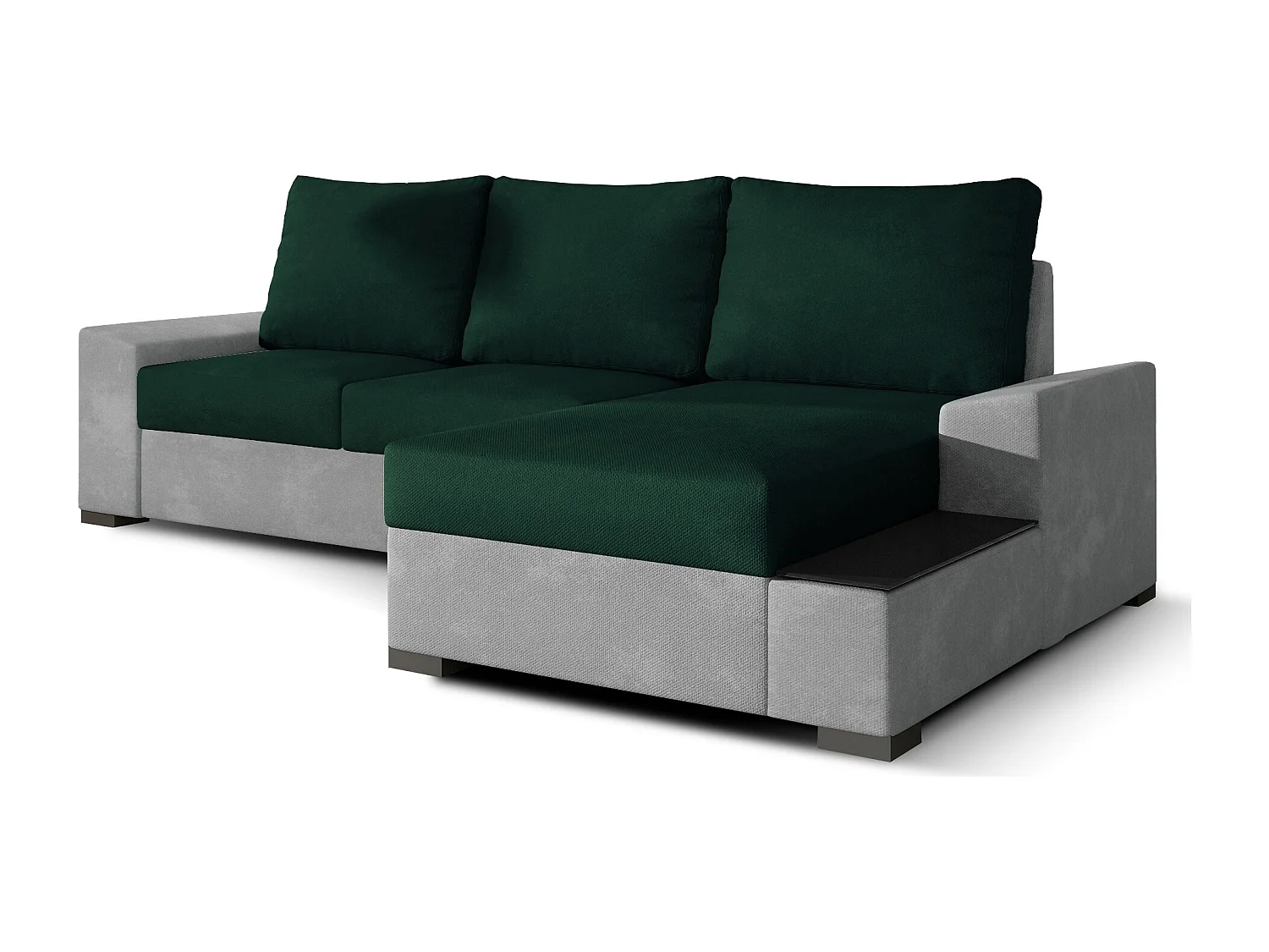 Canapé angle droit convertible tissu doux gris clair et vert foncé James 245cm