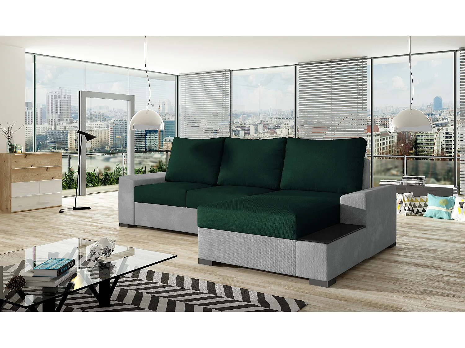 Canapé angle droit convertible tissu doux gris clair et vert foncé James 245cm