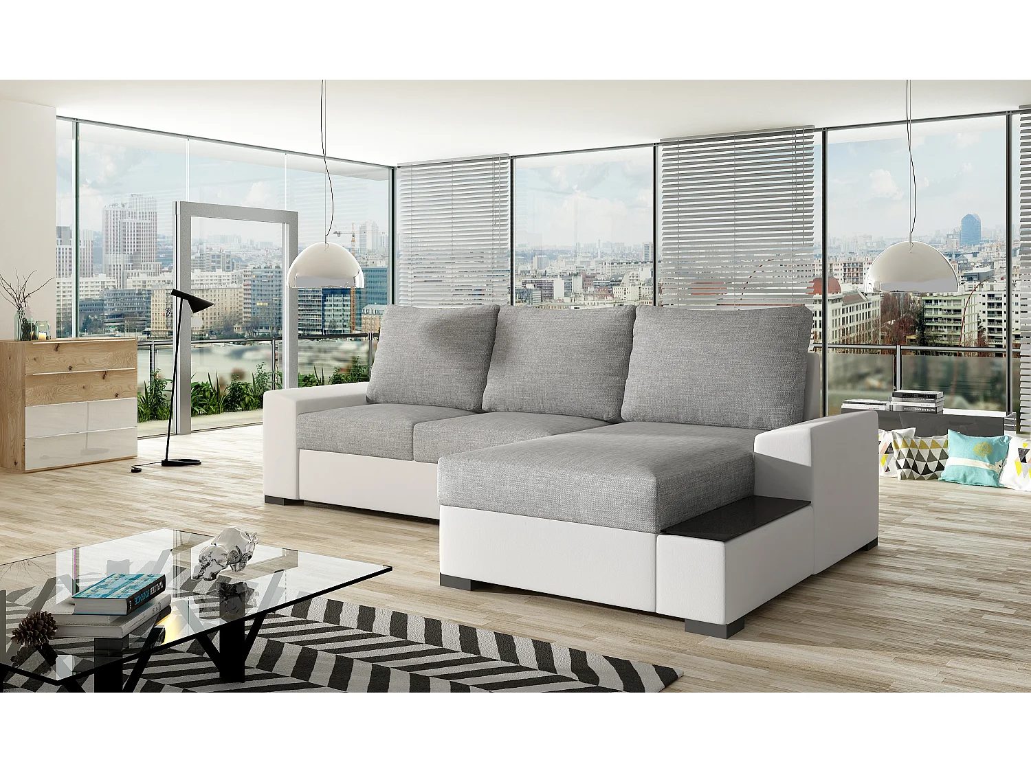 Canapé angle droit convertible tissu gris clair et simili blanc James 245cm