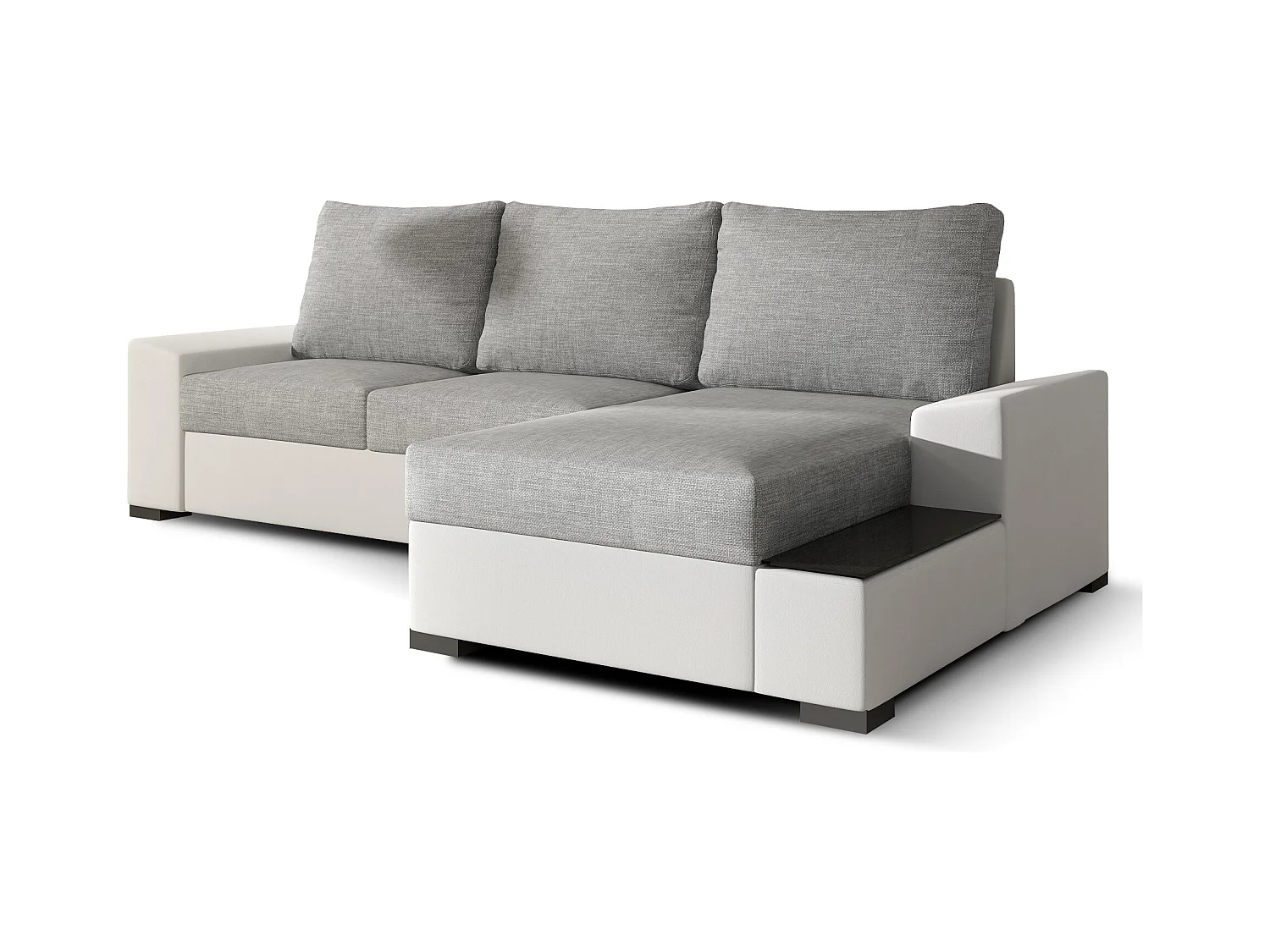 Canapé angle droit convertible tissu gris clair et simili blanc James 245cm