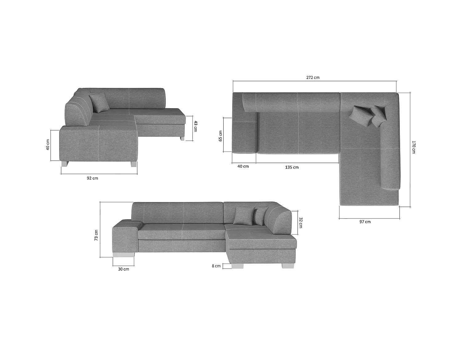 Canapé convertible angle gauche tissu gris clair et simili noir Polky 272cm