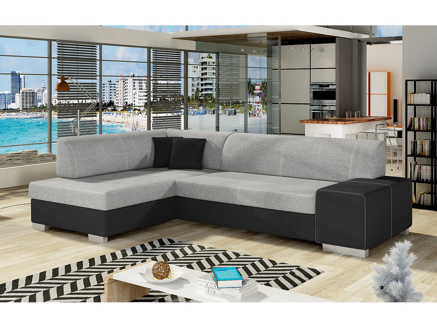 Canapé convertible angle gauche tissu gris clair et simili noir Polky 272cm