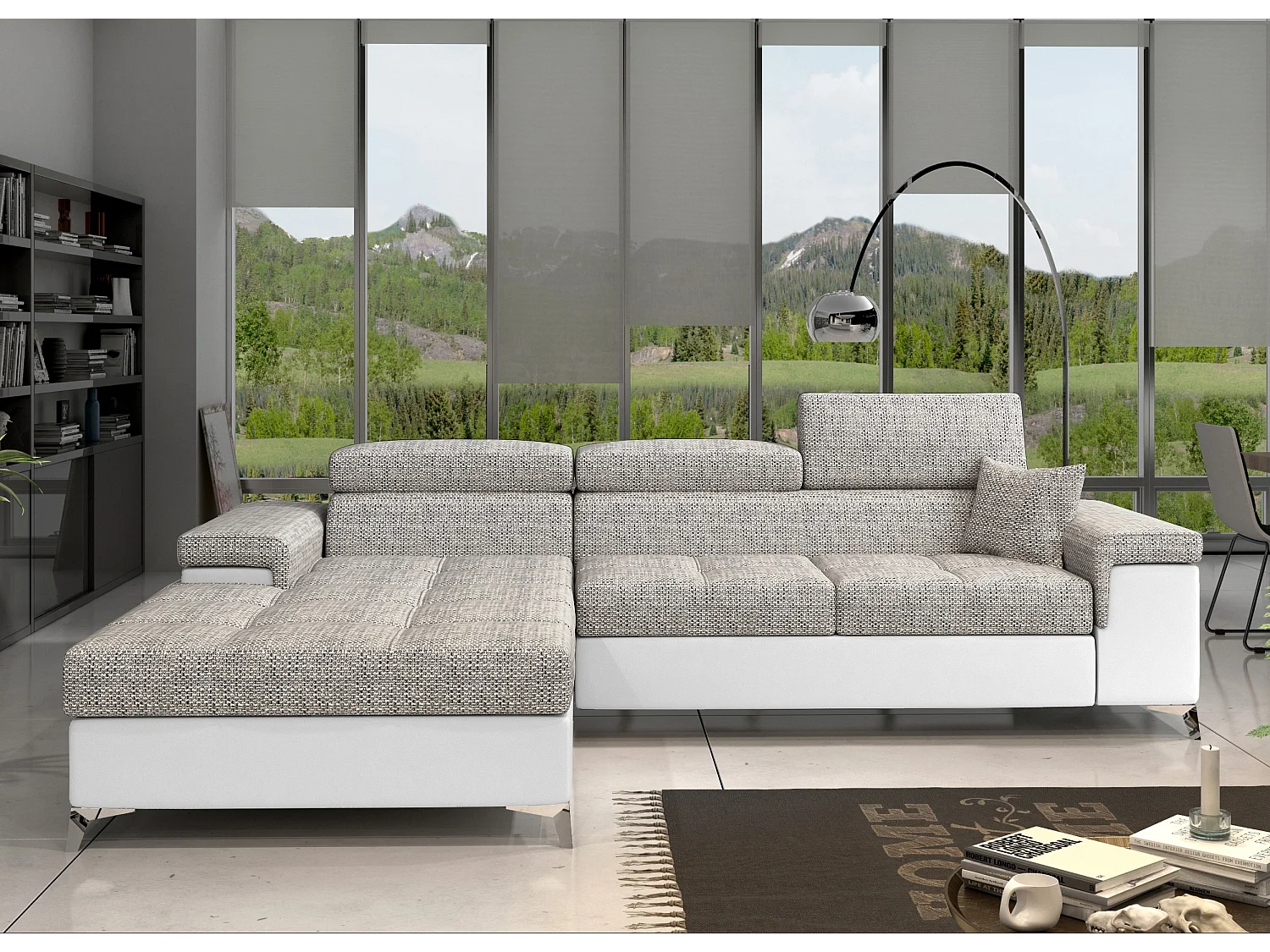 Canapé angle gauche convertible tissu gris chiné et simili blanc avec appuis-tête réglables Rikaro 280cm