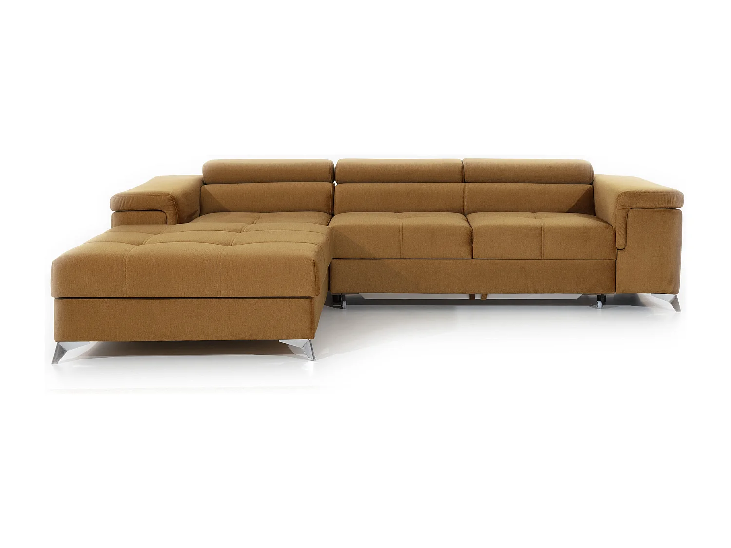 Canapé angle gauche convertible tissu gris chiné et simili blanc avec appuis-tête réglables Rikaro 280cm