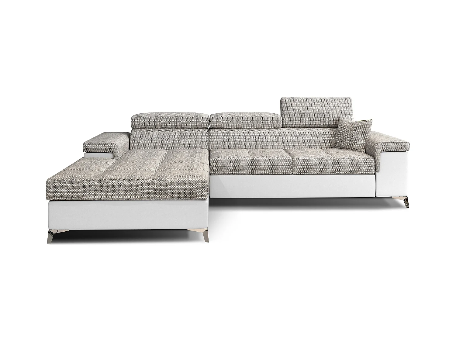 Canapé angle gauche convertible tissu gris chiné et simili blanc avec appuis-tête réglables Rikaro 280cm