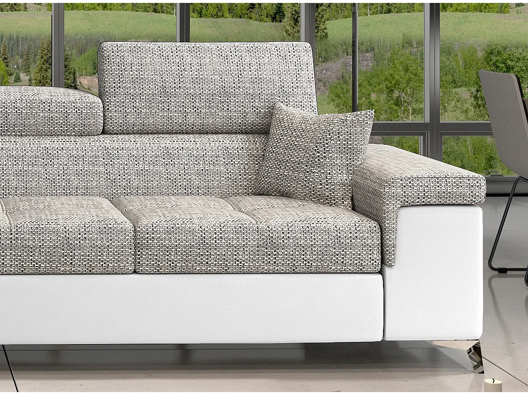 Canapé angle gauche convertible tissu gris chiné et simili blanc avec appuis-tête réglables Rikaro 280cm