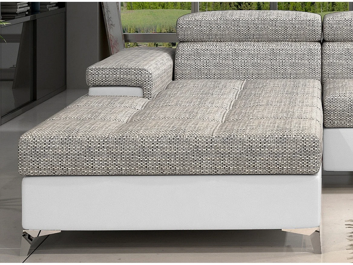 Canapé angle gauche convertible tissu gris chiné et simili blanc avec appuis-tête réglables Rikaro 280cm