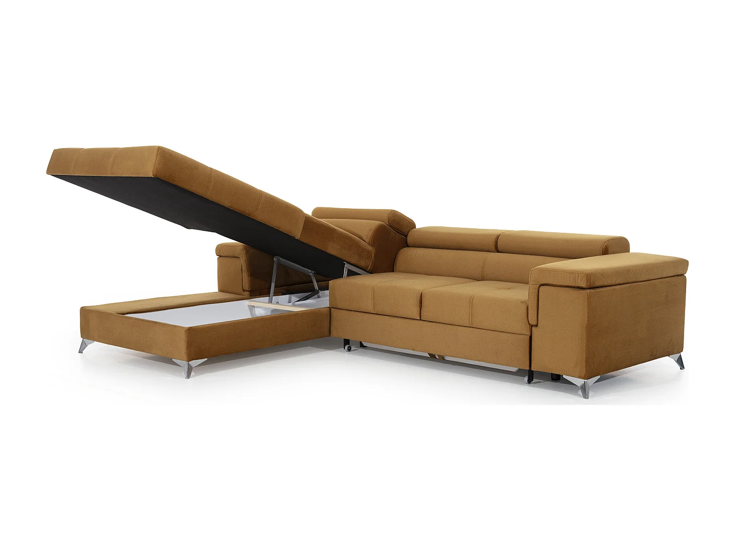 Canapé angle gauche convertible tissu gris chiné et simili blanc avec appuis-tête réglables Rikaro 280cm