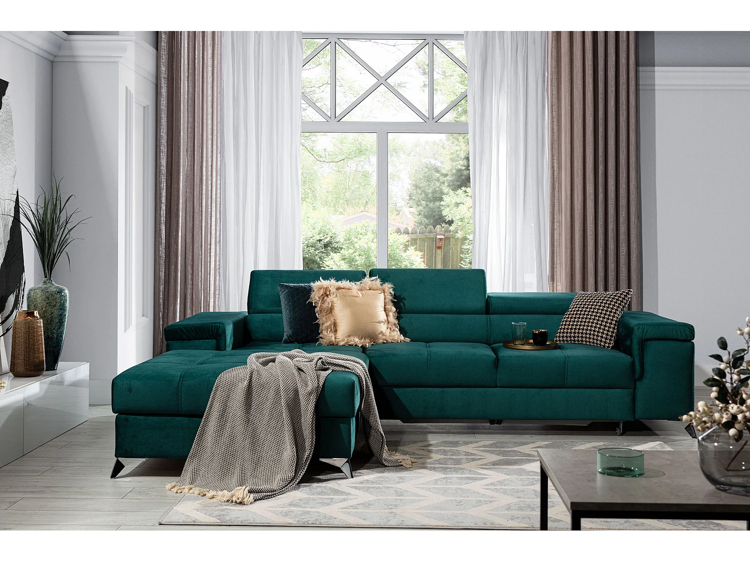 Canapé angle gauche convertible tissu gris chiné et simili blanc avec appuis-tête réglables Rikaro 280cm