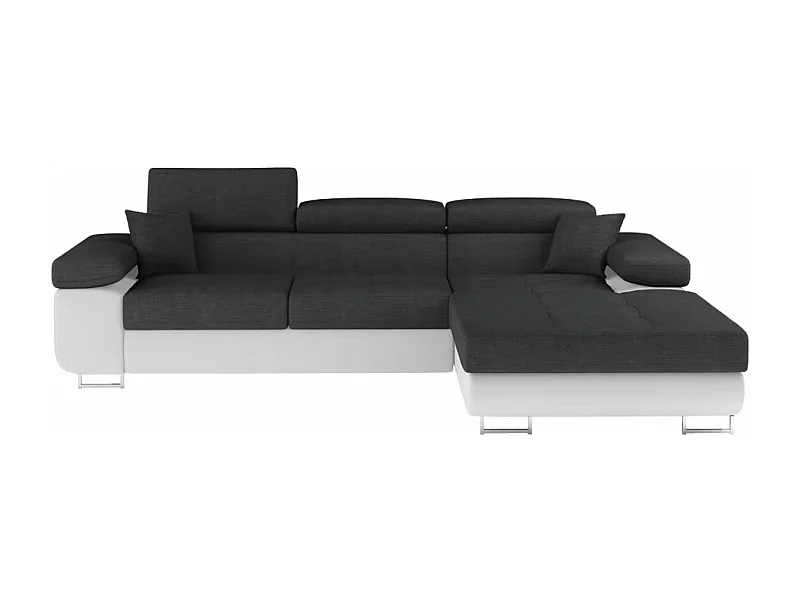 Canapé d'angle convertible Bi matière appuis-tête réglables KALIZO - Coffre et pieds acier chromé-Blanc/Gris foncé-angle droit