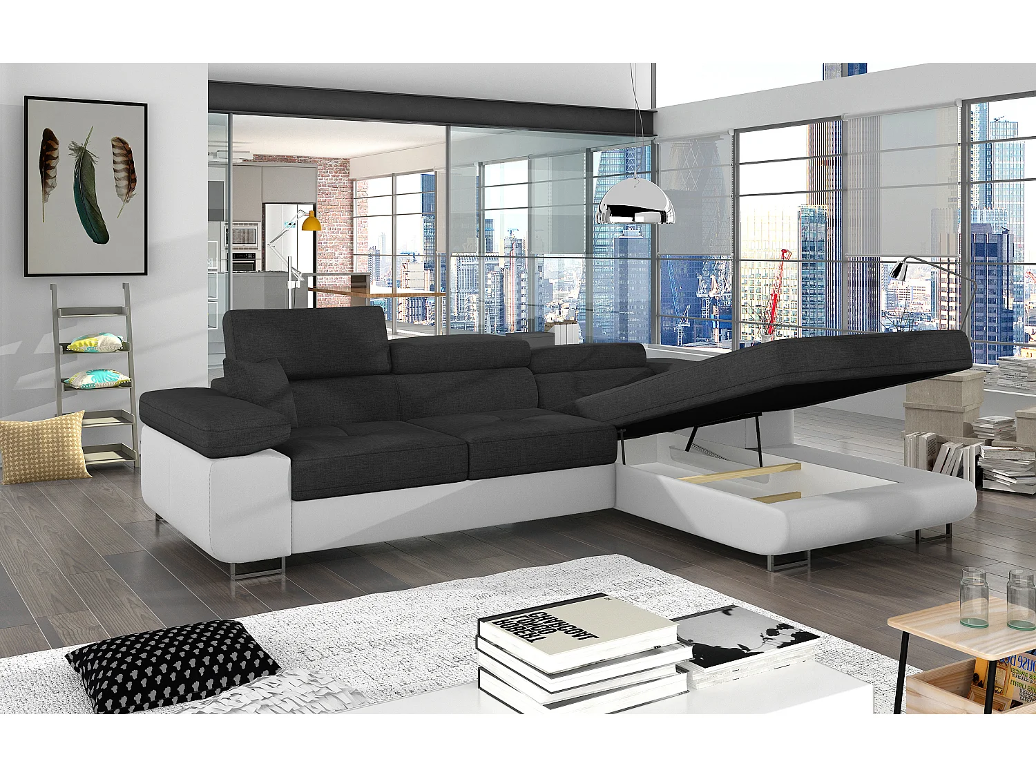 Canapé d'angle convertible Bi matière appuis-tête réglables KALIZO - Coffre et pieds acier chromé-Blanc/Gris foncé-angle droit