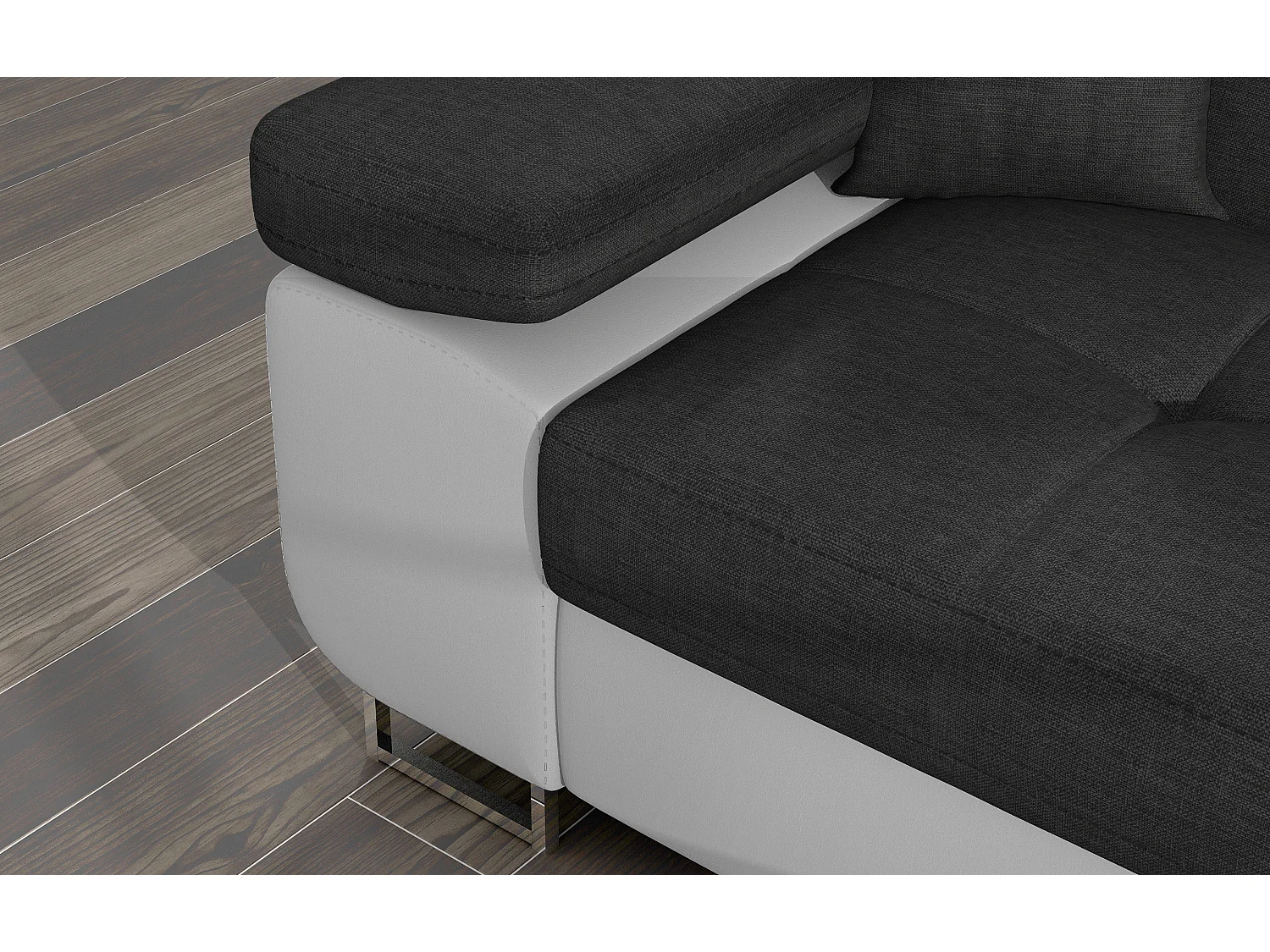 Canapé d'angle convertible Bi matière appuis-tête réglables KALIZO - Coffre et pieds acier chromé-Blanc/Gris foncé-angle droit