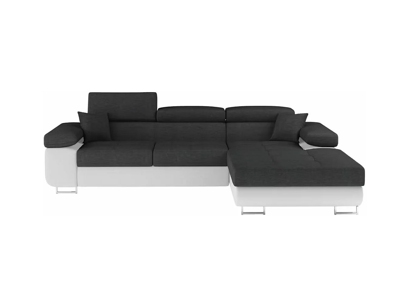 Canapé d'angle convertible Bi matière appuis-tête réglables KALIZO - Coffre et pieds acier chromé-Blanc/Gris foncé-angle droit