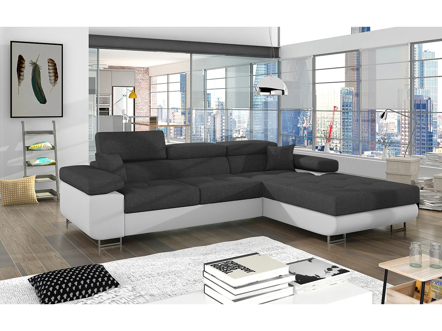 Canapé d'angle convertible Bi matière appuis-tête réglables KALIZO - Coffre et pieds acier chromé-Blanc/Gris foncé-angle droit