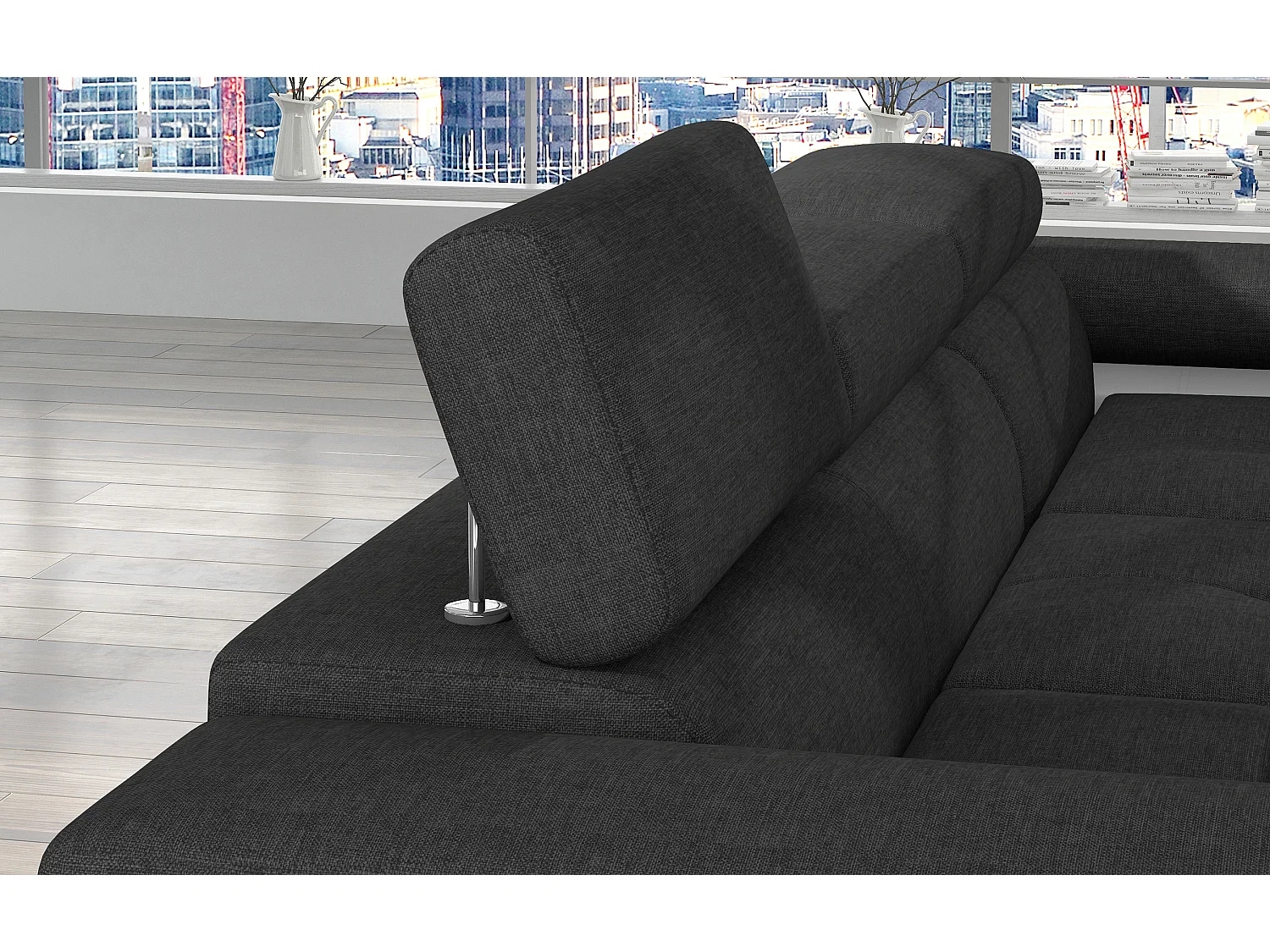 Canapé d'angle convertible Bi matière appuis-tête réglables KALIZO - Coffre et pieds acier chromé-Blanc/Gris foncé-angle droit