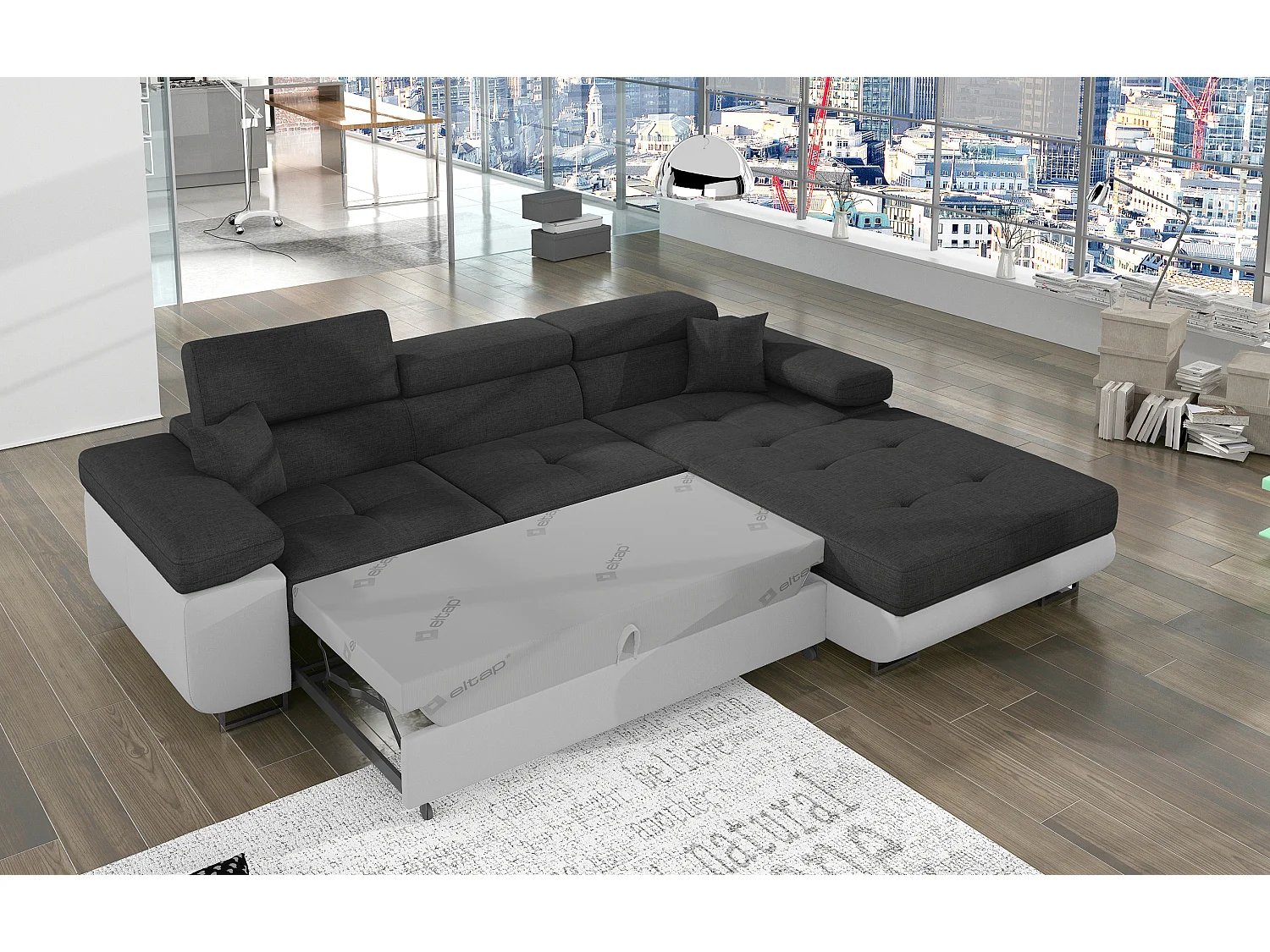 Canapé d'angle convertible Bi matière appuis-tête réglables KALIZO - Coffre et pieds acier chromé-Blanc/Gris foncé-angle droit