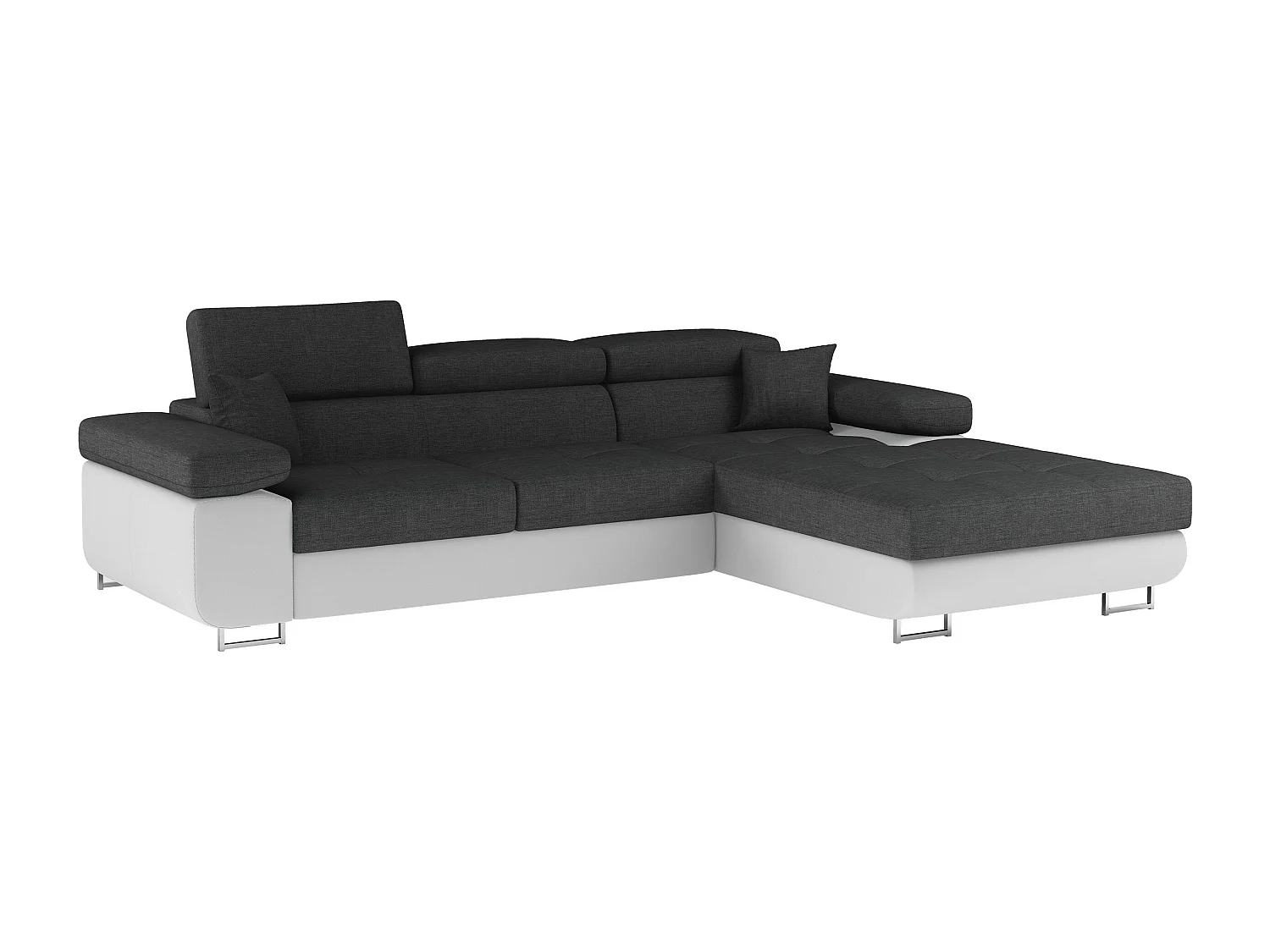 Canapé d'angle convertible Bi matière appuis-tête réglables KALIZO - Coffre et pieds acier chromé-Blanc/Gris foncé-angle droit