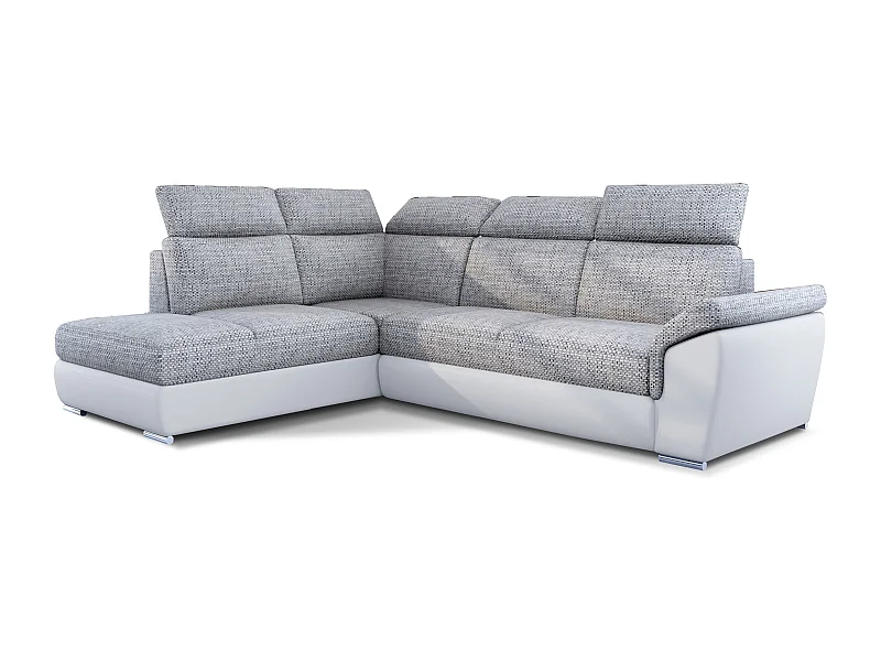 Canapé angle gauche convertible tissu gris chiné et simili blanc avec appuis-tête réglables Kepita 260cm